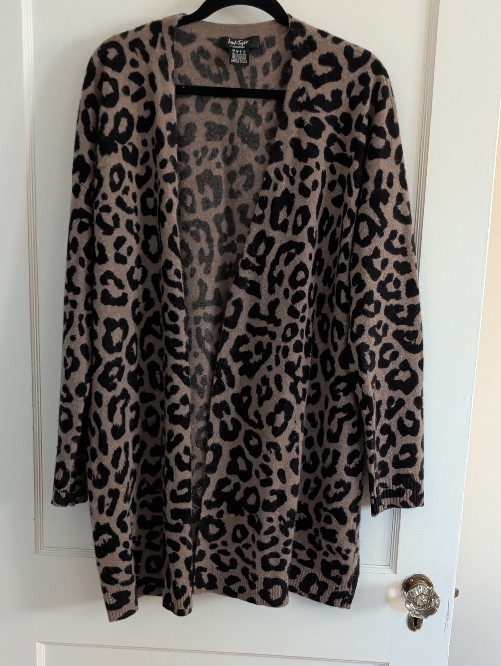 Lord & Taylor Taupe and Black Leopard-Print Open Cardigan